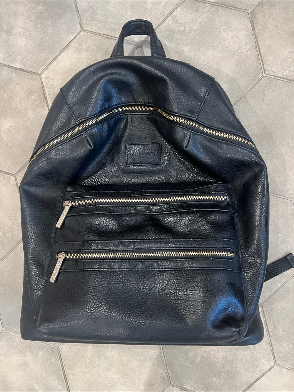 The Honest Company Black Faux Leather Backpack with Gold Zippers